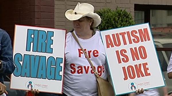 The protesters are upset with savages controversial comments about autism. (ABC7)
