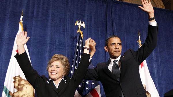 President Barack Obama waves with Sen. Barbara Boxer, D-Calif., at a fundraiser in San Francisco Tuesday, May 25, 2010.