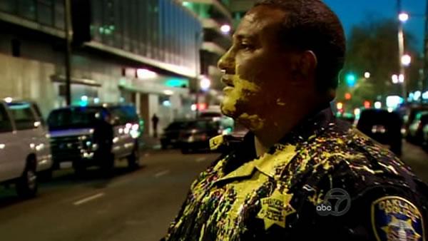 Oakland police officers and protesters clash during a May Day march in downtown Oakland (May 1, 2012/KGO)