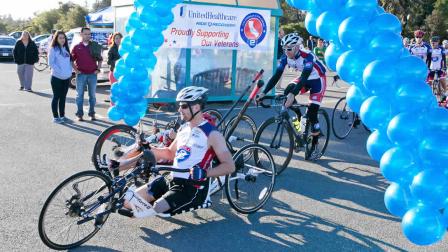 Hundreds of cyclists started a 450-mile ride Sunday morning from Palo Alto to Los Angeles in an effort to benefit injured veterans.