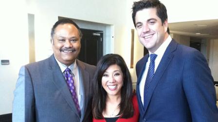 ABC7 Morning News anchors Eric Thomas and Kristen Sze with Good Morning Americas Josh Elliott at Gatepaths Power of Possibilities event.