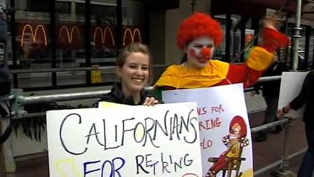 The protestors argue Ronald McDonald is making the nations childhood obesity epidemic even worse.