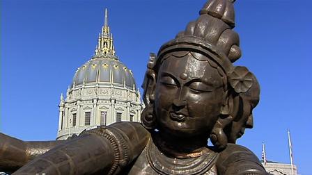 The giant Buddha statue in San Franciscos Civic Center Plaza is already the target of vandals.