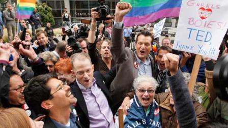 Opponents of Proposition 8 cheer after hearing the decision in the United States District Court proceedings challenging Proposition 8 outside of the Phillip Burton Federal Building in San Francisco, Wednesday, Aug. 4, 2010