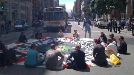 The protest caused a stoppage of traffic at Mission and New Montgomery streets (KGO/Dean Smith)
