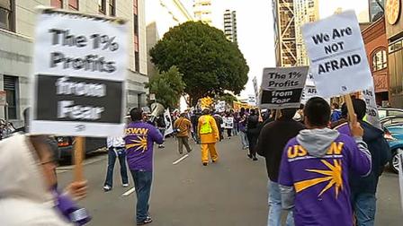 Union members and Occupy SF protesters joined together to protest at the U.S. Immigration and Customs Enforcement office.
