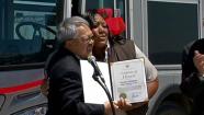 A Muni bus driver was honored for her quick thinking in driving a  victim to the hospital after a shooting into a bus.