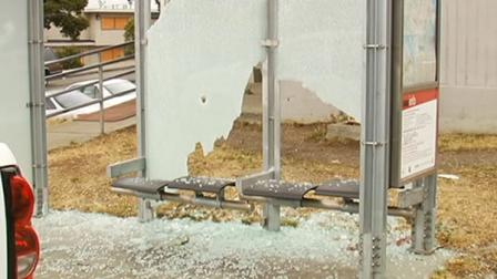 Muni bus stop shattered by bullets