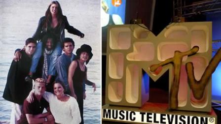 The cast of MTVs Real World in 1994, pictured left, and a Berlin MTV studio, shown on the right.
(AP Photo/Roberto Pfeil)
