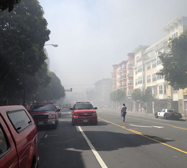 San Francisco firefighters battle a four-alarm...
