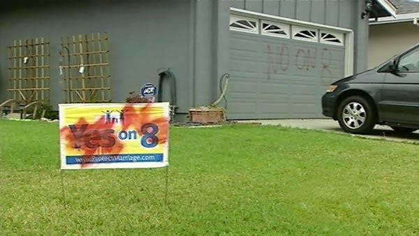 Vandals struck two homes where the owners put out signs in support of Prop 8.