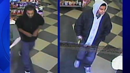 This image from surveillance video shows two men wanted for stealing a donation jar containing $300 from the Four Corners Market in Watsonville Friday.