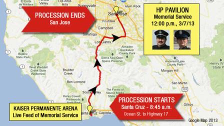 Santa Cruz police officers killed in the line of duty: Sergeant Loran Butch Baker and Officer Elizabeth Butler. Map of motorcade procession and key venues for memorial on Thursday, March 7th, 2013.