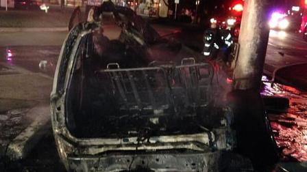 Crews have put out a fire in a car that was split in half after an accident in San Jose early Sunday morning.