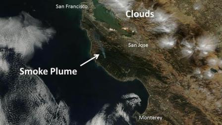 A picture from the National Weather Service shows a satellite image of a plume of smoke from a controlled burn in Big Basin State Park.