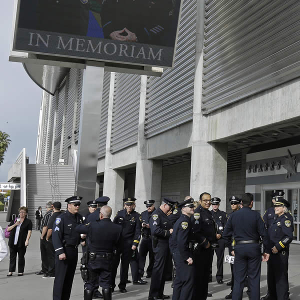 Officers gather outside HP Pavillion for memorial of two fallen police officers