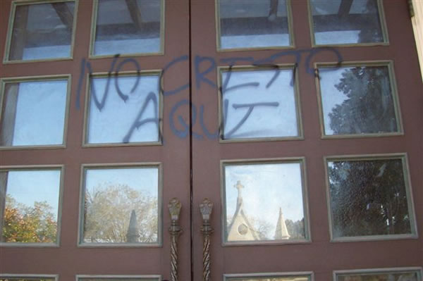 Police are investigating extensive vandalism that took place May 6, 2012 at historic Holy Cross Church in Santa Cruz.