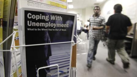 People arrive to seek employment opportunities at a JobTrain office in Menlo Park, Calif.