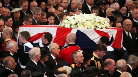 The coffin containing the body of former British Prime Minister Margaret Thatcher leaves the ceremonial funeral at St Pauls Cathedral in London, Wednesday April 17, 2013.