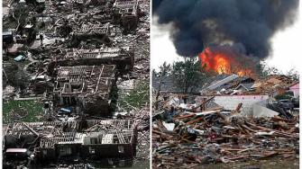 This combination of Associated Press photos shows left, a neighborhood in Moore, Okla., in ruins on Tuesday, May 4, 1999, after a tornado flattened many houses and buildings in central Oklahoma, and right, flattened houses in Moore on Monday, May 20, 2013