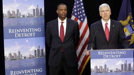 Michigan Gov. Rick Snyder, right, and State-appointed emergency manager Kevyn Orr address reporters during a news conference on Friday, July 19, 2013, in Detroit.