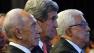 GILE - In this Sunday, May 26, 2013 file photo, U.S. Secretary of State John Kerry, Israeli President Shimon Peres, left, and Palestinian President Mahmoud Abbas, right