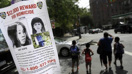 This Tuesday, July 23, 2013, photo shows a poster soliciting information regarding the unidentified body of a girl dubbed Baby Hope near the site where the body was found in New York. (AP Photo/Seth Wenig)