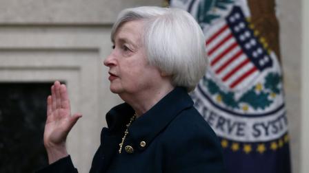 Janet Yellen is sworn in as Federal Reserve Board Chair, in Washington, Monday, Feb. 3, 2014. Yellen the first woman to lead the Federal Reserve in its 100-year history. (AP Photo/Charles Dharapak)