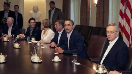 President Barack Obama meets with House Minority Whip Steny Hoyer of Md., from left, House Majority Leader Eric Cantor of Va., House Democratic Leader Nancy Pelosi of Calif., House Speaker John Boehner of Ohio, and Senate Majority Leader Harry Reid of Nev., right, in the Cabinet Room of the White House, Sunday, July 10, 2011, in Washington, to discuss the debt. (AP Photo/Carolyn Kaster)