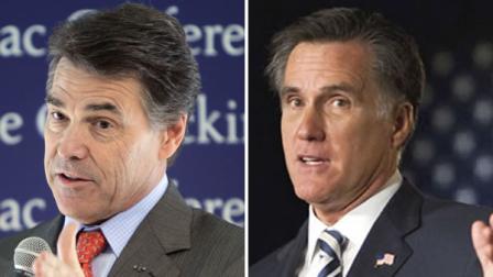 Republican presidential contenders Rick Perry, left, and Mitt Romney, right.