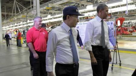 President Barack Obama and South Korean President Lee Myung-bak tour the General Motors Orion Assembly Plant in Orion Township, Mich., Friday, Oct. 14, 2011.