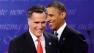 President Barack Obama and Republican presidential candidate and former Massachusetts Gov. Mitt Romney talk at the end of the first presidential debate in Denver, Wednesday, Oct. 3, 2012. (AP Photo/Charles Dharapak)