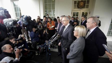 Senate Majority Leader Harry Reid of Nev., center, accompanied by, from left, Sen. Charles Schumer, D-N.Y., Senate Budget Committee Chair Sen. Patty Murray, D-Wash., and Senate Majority Whip Richard Durbin of Ill.