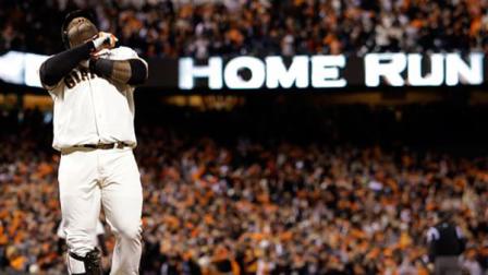 San Francisco Giants Pablo Sandoval reacts at home after hitting his third home run of the game during the fifth inning of Game 1 of baseballs World Series against the Detroit Tigers Wednesday, Oct. 24, 2012, in San Francisco.