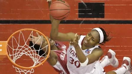 Stanfords Nnemkadi Ogwumike (30) shoots over Oklahomas Nyeshia Stevenson in the second half of a semifinal in the Final Four of the NCAA womens college basketball tournament.
