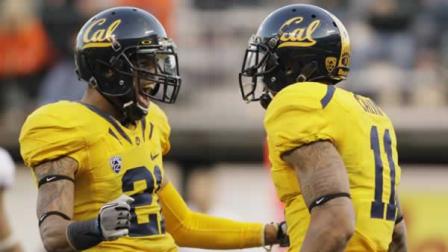 California wide receiver Michael Calvin, right, is greeted by teammate Keenan Allen, left, after scoring a touchdown against Oregon State during the first quarter