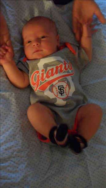 Noah Michael Leone, SF Giants newest little fan. Just came home from hospital today just in time to watch first game of 2012 World Series. Submitted by Misty Leone  (Sent via uReport)
