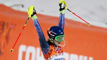 Gold medal winner Mikaela Shiffrin of the United States celebrates as she finishes the second run of the womens slalom at the Sochi 2014 Winter Olympics, Friday, Feb. 21, 2014, in Krasnaya Polyana, Russia.(AP Photo/Christophe Ena)