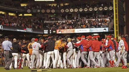 San Francisco Giants and Philadelphia Phillies participate in a benches clearing brawl