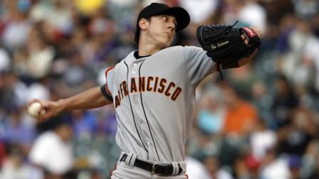 San Francisco Giants starting pitcher Tim Lincecum works against the Colorado Rockies