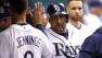 Tampa Bay Rays Jose Molina is congratulated by teammate Desmond Jennings.
