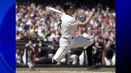San Francisco Giants Hunter Pence swings for a two run double off Baltimore Orioles Wei-Yin Chen, of Taiwan, in the sixth inning of a baseball game, Saturday, Aug. 10, 2013, in San Francisco. (AP Photo/Ben Margot)