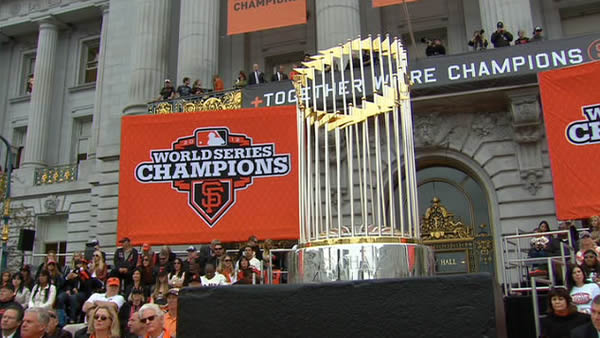 The World Series trophy at the Civic Center...