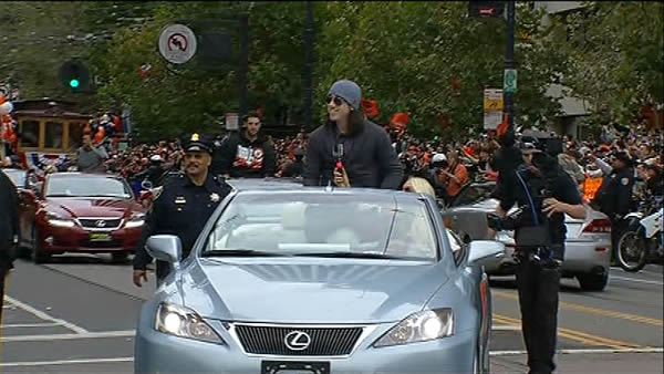 Tim Lincecum celebrating at the SF Giants World...