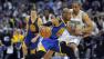 Golden State Warriors guard Jarrett Jack, left, tries to dribble past Denver Nuggets guard Andre Miller, right, in the second half of an NBA basketball game on Sunday, Jan. 13, 2013, in Denver. The Nuggets won 116-105. (AP Photo/Chris Schneider)