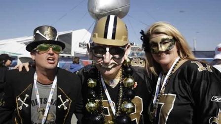 New Orleans Saints fans are seen outside Sun Life Stadium before the NFL Super Bowl XLIV football game.