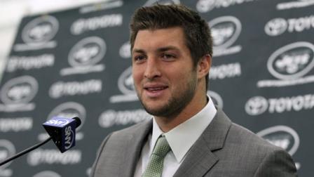 Tim Tebow holds his first news conference with the New York Jets, in Florham Park, N.J., Monday, March 26, 2012.