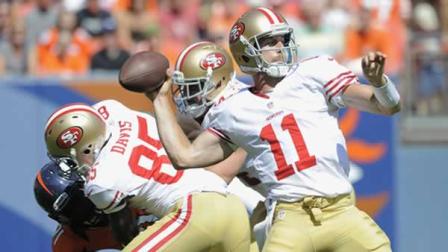 San Francisco 49ers quarterback Alex Smith (11) passes against the Denver Broncos during the second quarter of an NFL preseason football game in Denver, Sunday, Aug. 26, 2012. (AP Photo/Jack Dempsey)