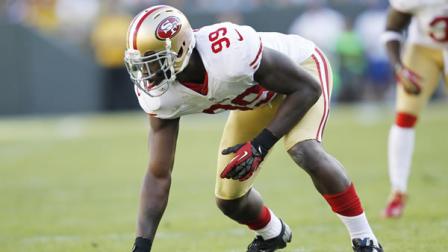 San Francisco 49ers Aldon Smith lines up during the first half of an NFL football game against the Green Bay Packers Sunday, Sept. 9, 2012, in Green Bay, Wis. (AP Photo/Mike Roemer)