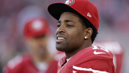 San Francisco 49ers wide receiver Michael Crabtree (15) looks on from the sideline during an NFL football game against the Arizona Cardinals in San Francisco, Sunday, Dec. 30, 2012.
